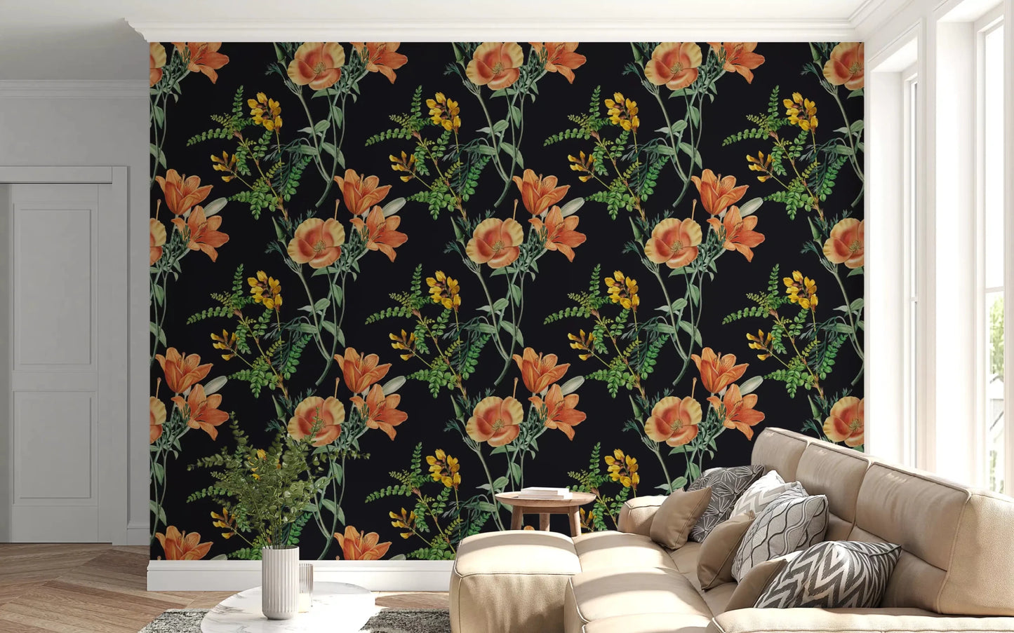Hallway with Night Flower wallpaper and bold botanical detail