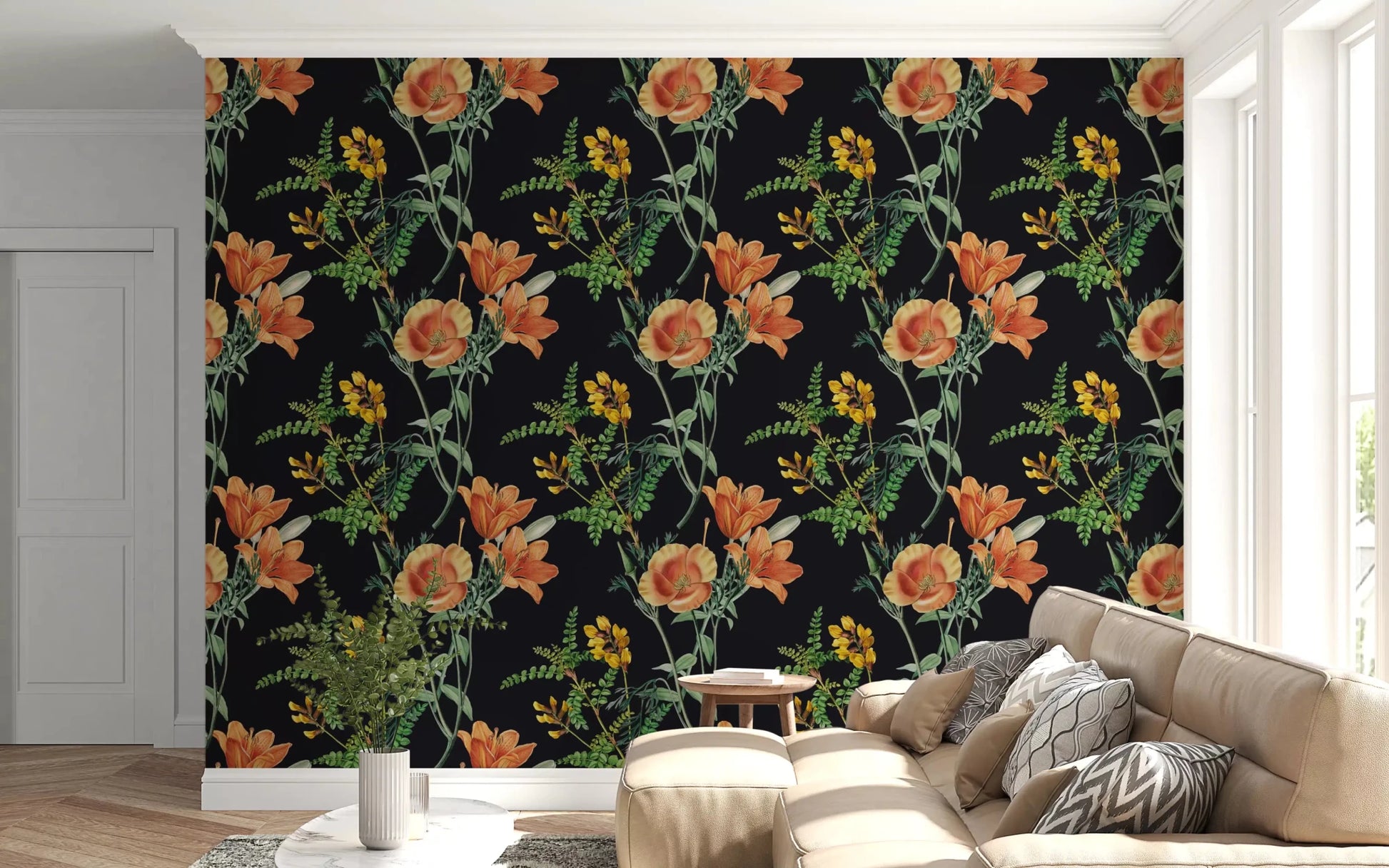 Hallway with Night Flower wallpaper and bold botanical detail
