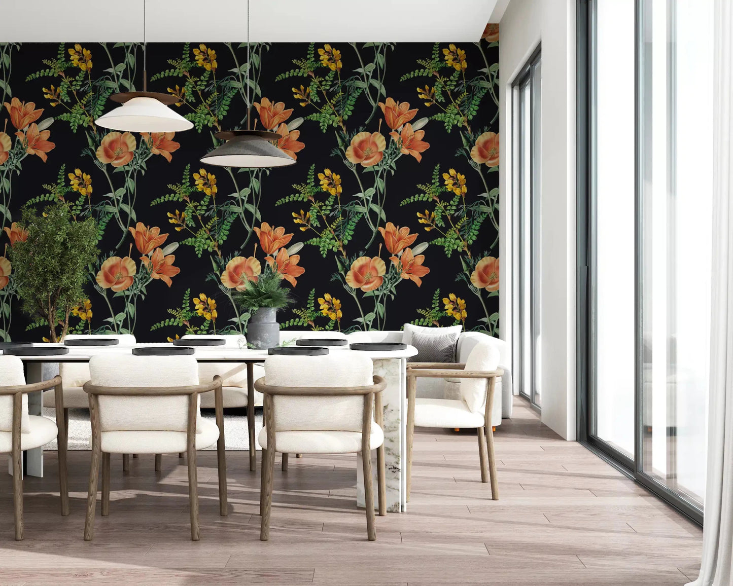 Botanical pattern in Night Flower Wallpaper with soft contrast