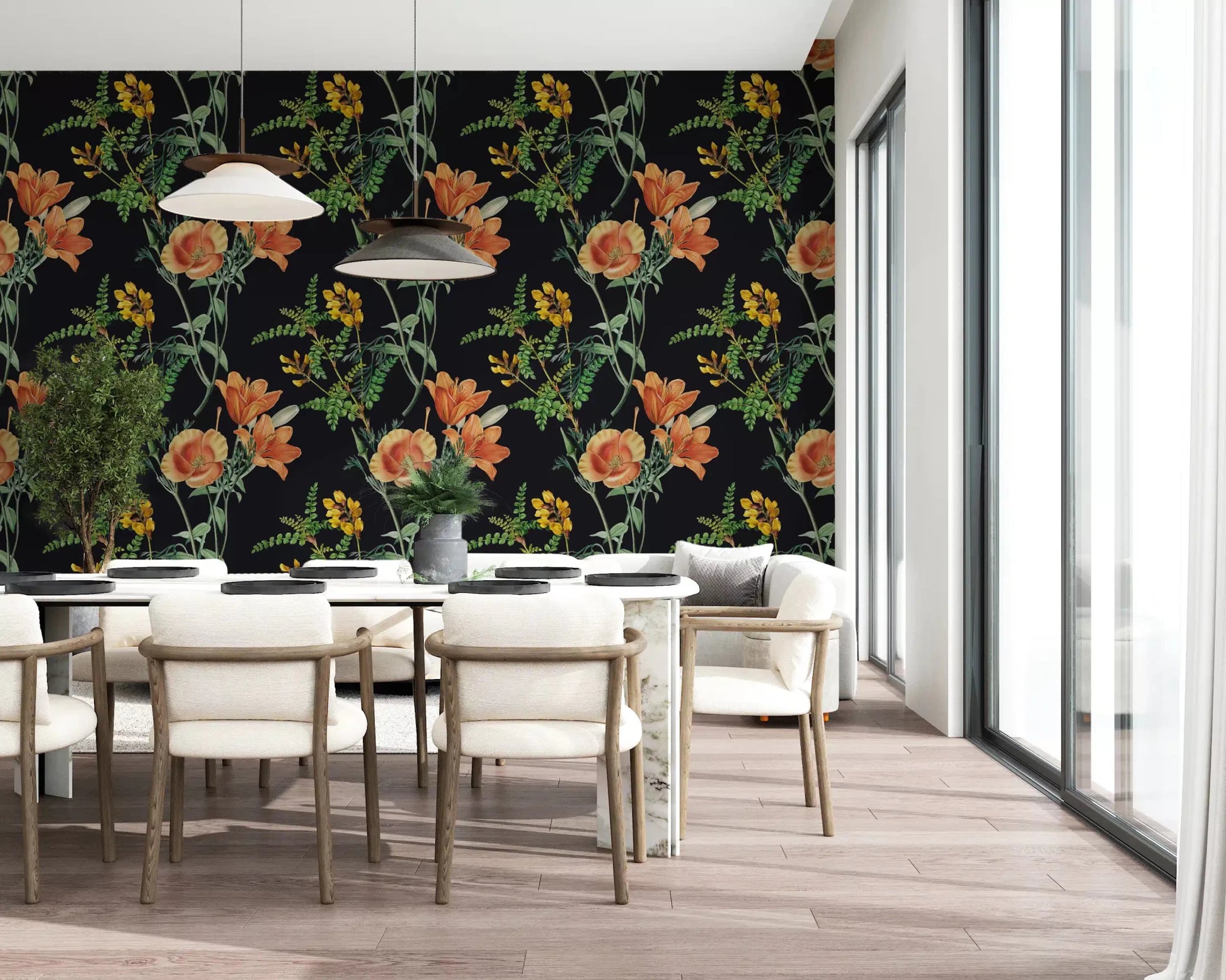 Botanical pattern in Night Flower Wallpaper with soft contrast