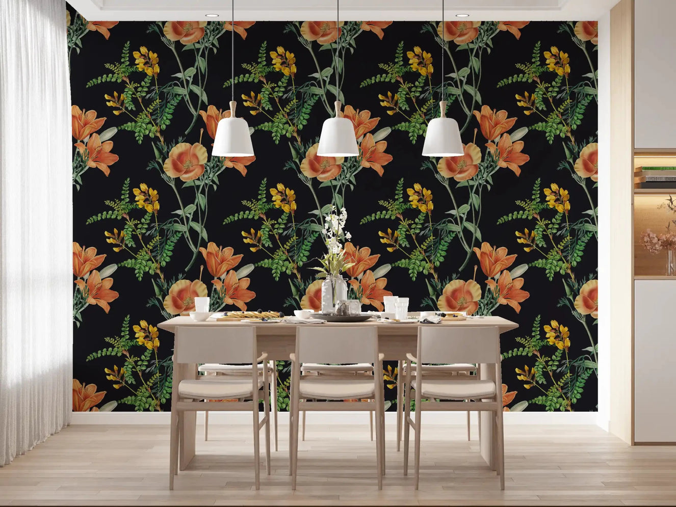 Dark floral wall with Night Flower Wallpaper botanical detail