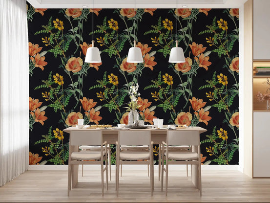 Dark floral wall with Night Flower Wallpaper botanical detail, GD9358