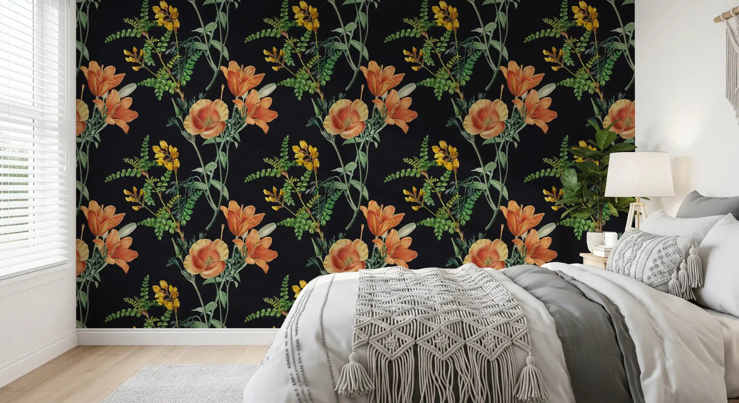Bedroom styled in Night Flower wallpaper on a deep dark base