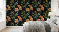Bedroom styled in Night Flower wallpaper on a deep dark base