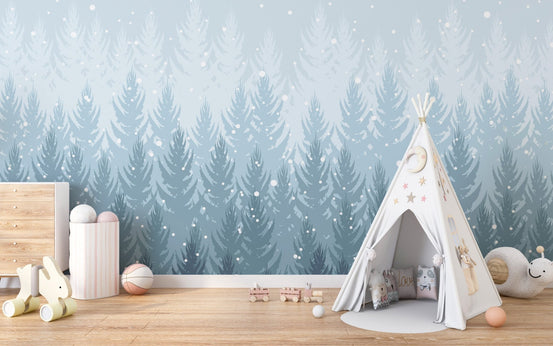 Snowy pine forest scene wallpaper mural B106
