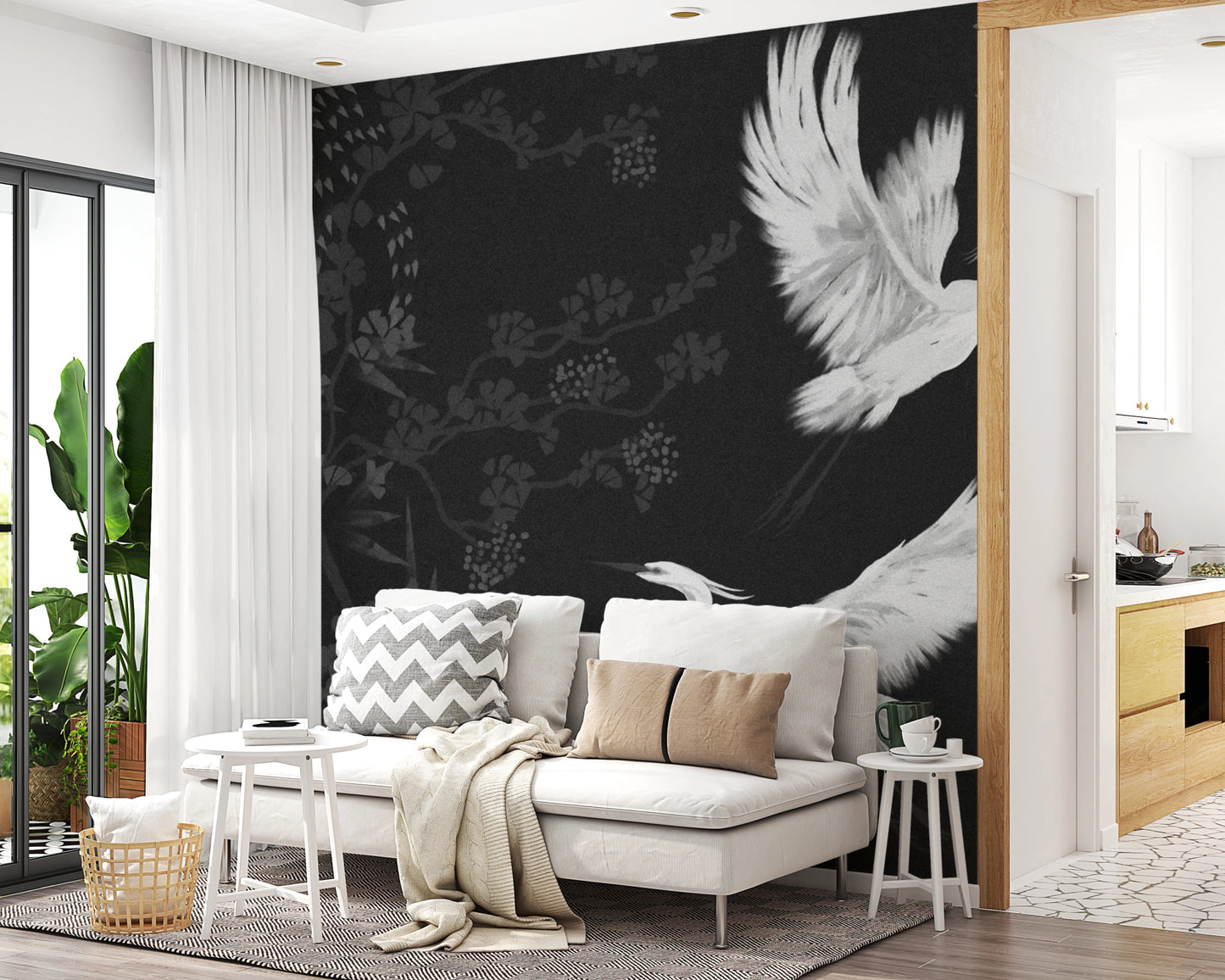 Botanical heron wall mural for living room