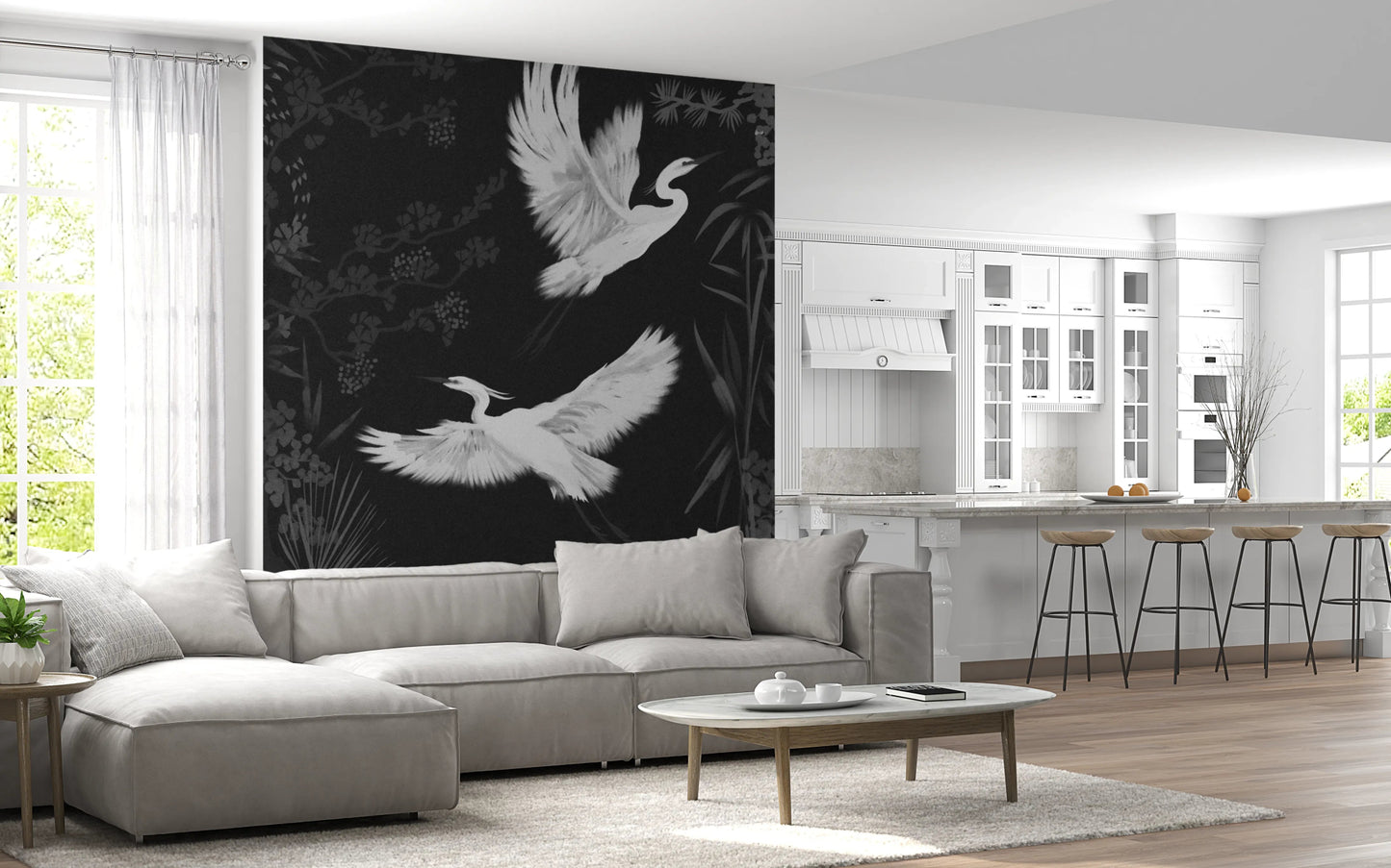 Heron birds wall mural in dark tones