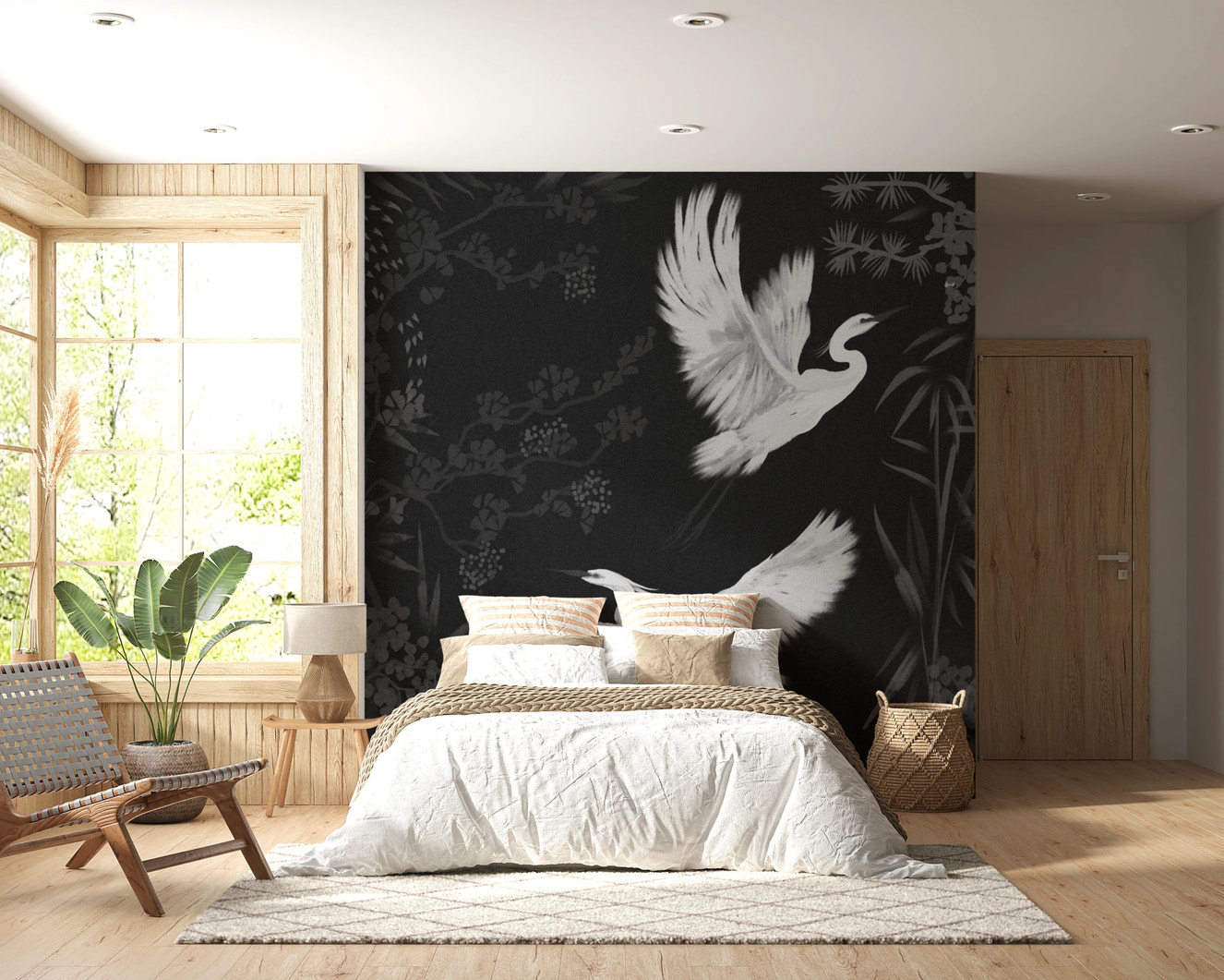 Monochrome heron wall mural with flying birds