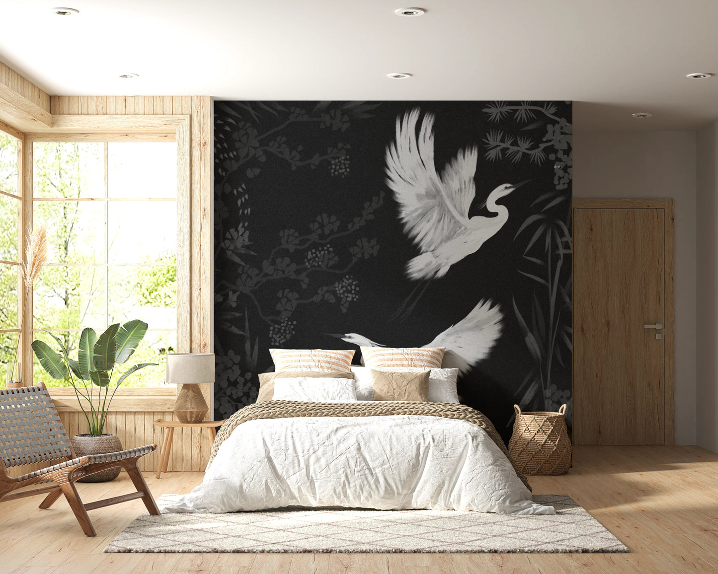 Monochrome heron wall mural with flying birds