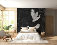 Monochrome heron wall mural with flying birds