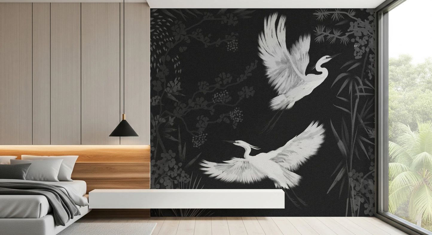 Elegant heron wall mural with dark background