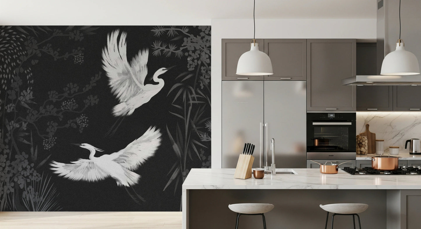 Heron flight wall mural in monochrome style