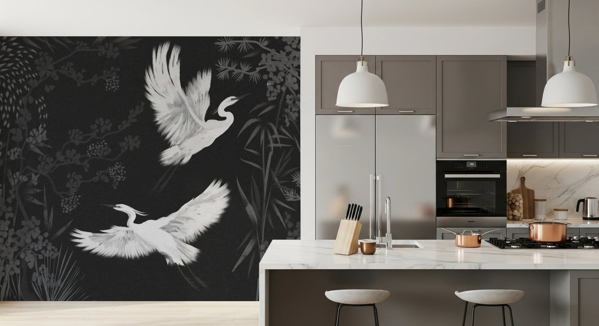 Heron flight wall mural in monochrome style