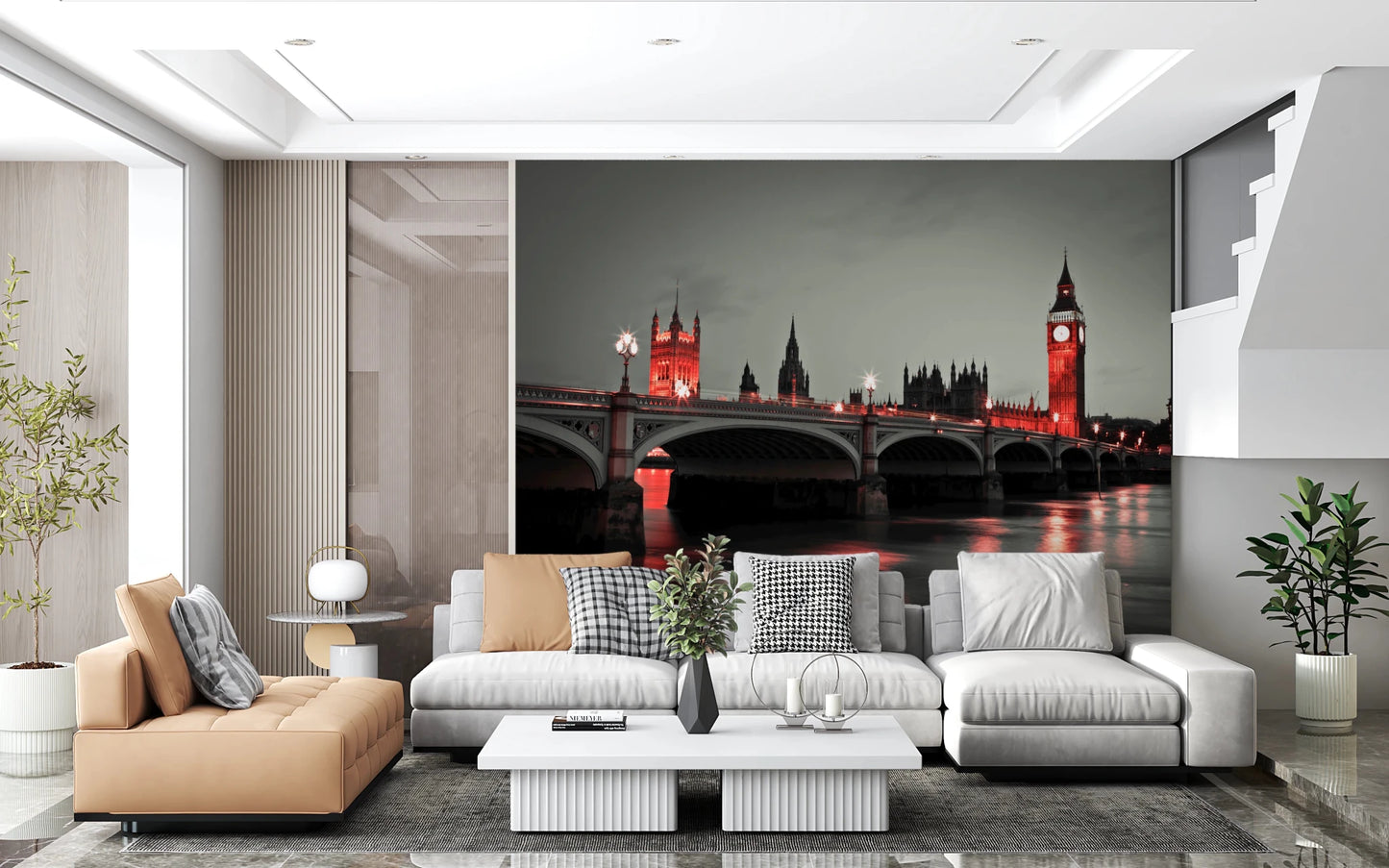 Monochromatic river scene with crimson glow wall mural