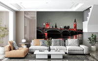 Monochromatic river scene with crimson glow wall mural