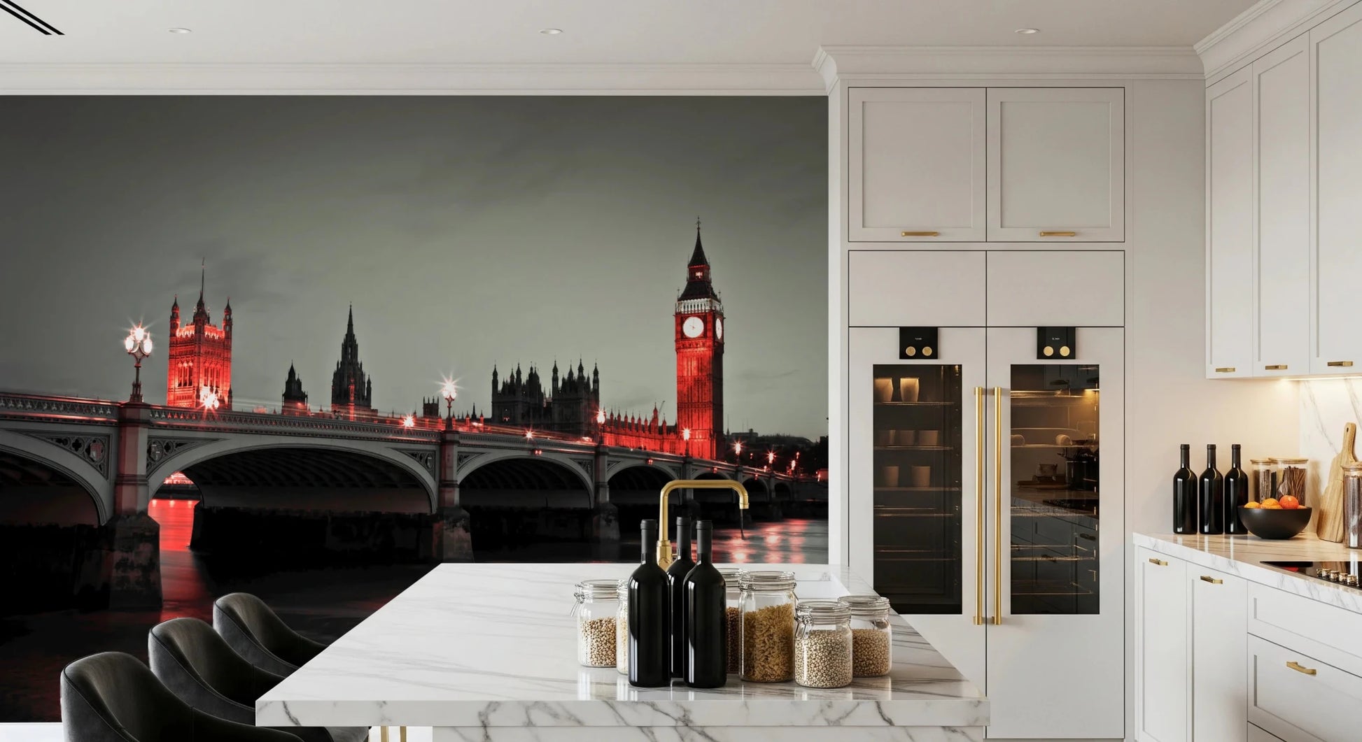 Dark urban horizon with red light accents wall mural
