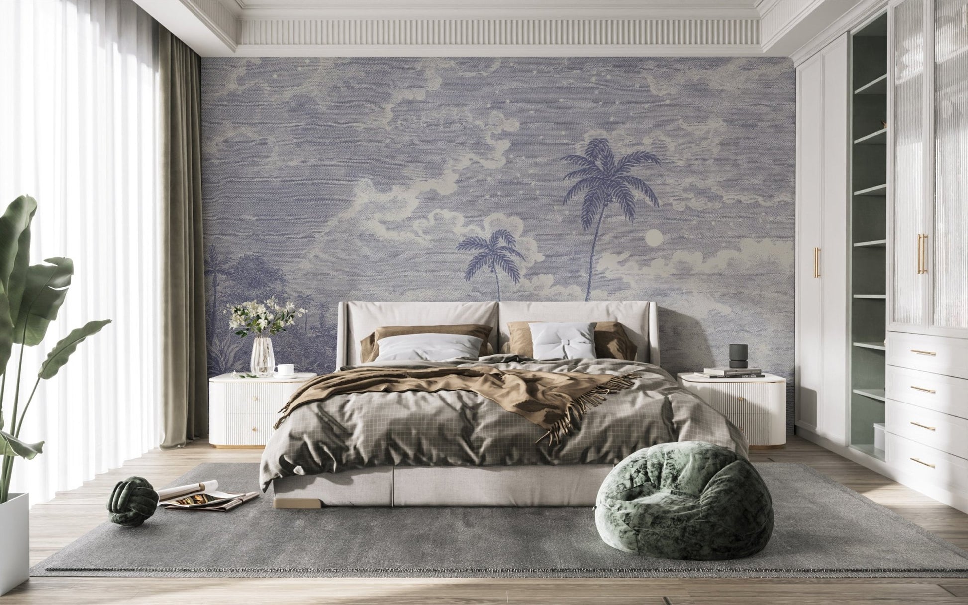 Moonlit tropical beach engraving design
