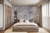 Vintage night sky coastal scene mural
