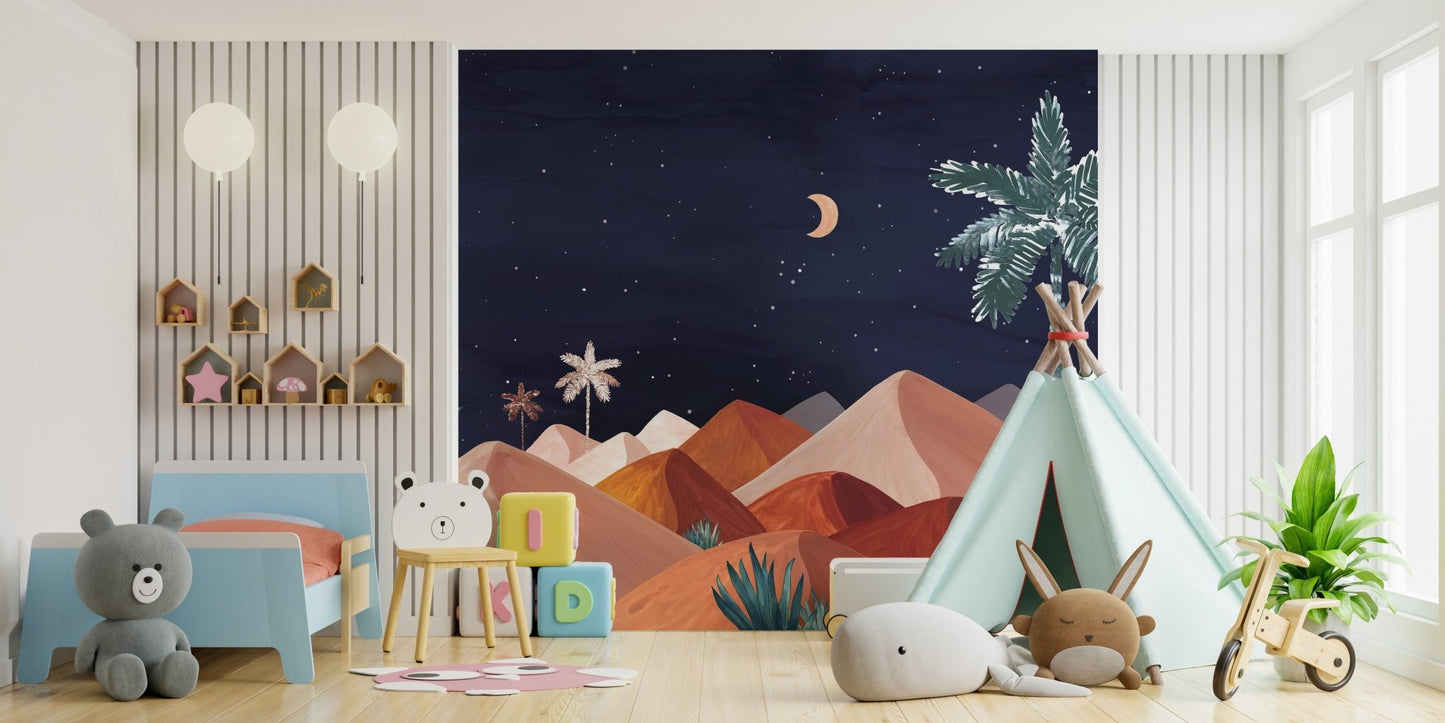 Serene night oasis mural with mountains, C92