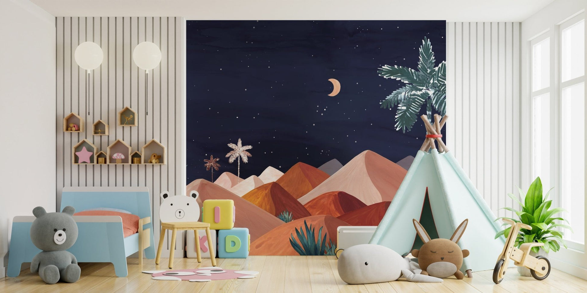 Serene night oasis mural with mountains, C92