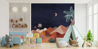 Serene night oasis mural with mountains, C92