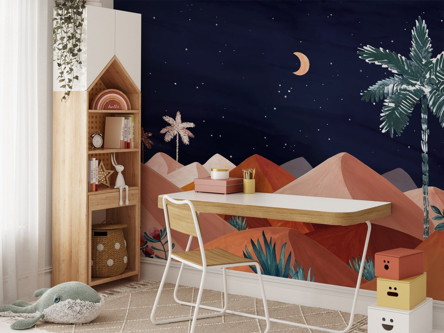 Peaceful desert night mural with plants, C92