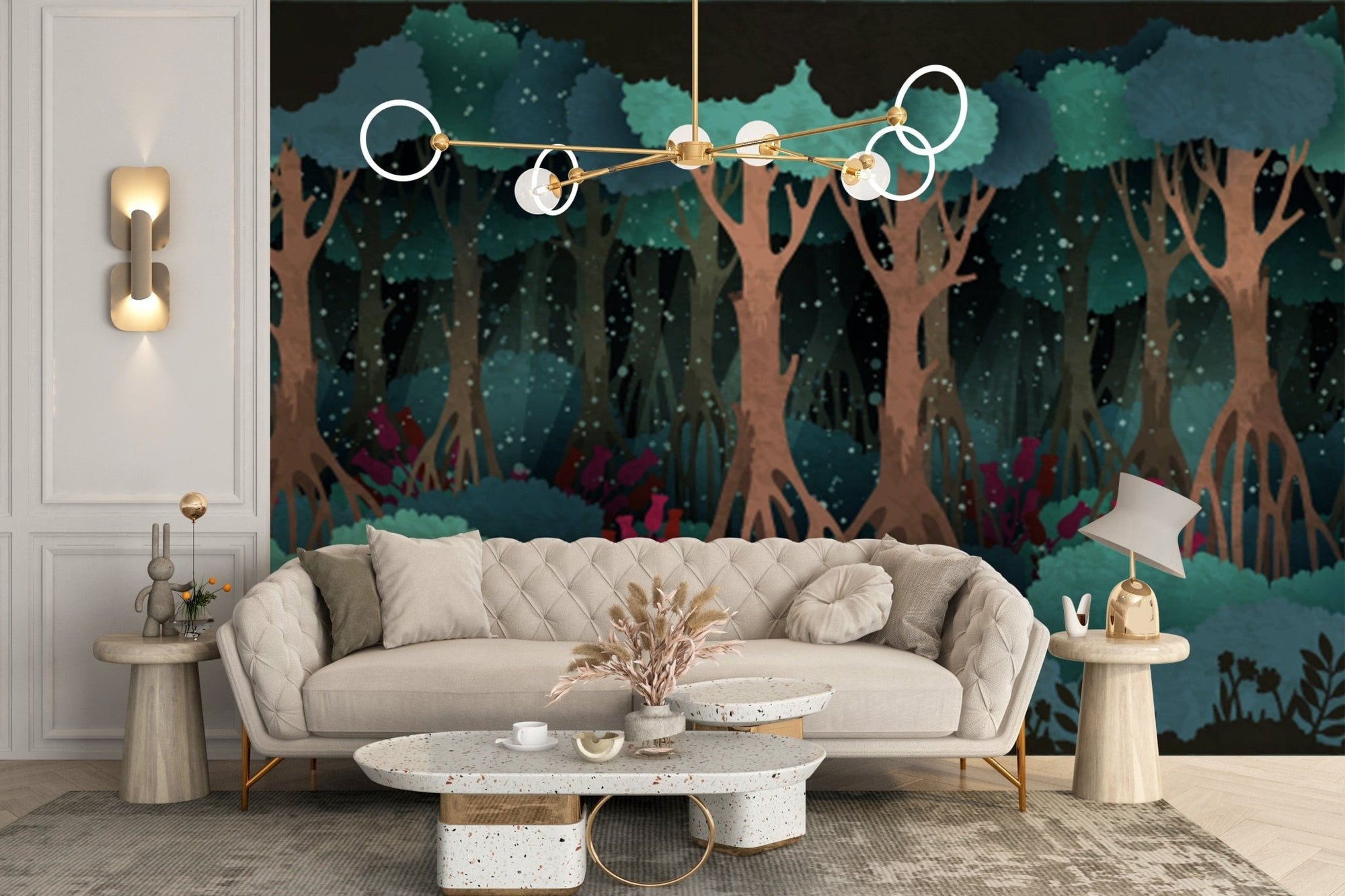 Enchanted green forest watercolor mural A987