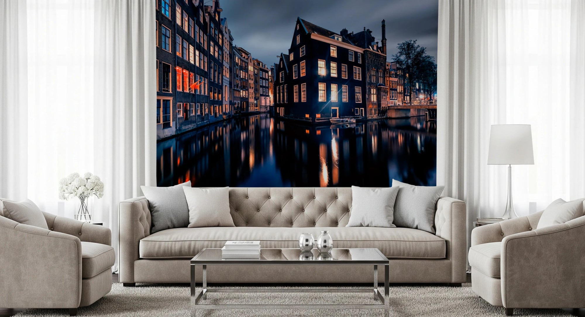 Living room with Nightfall Canals Wall Mural and glowing canal houses, GD8071