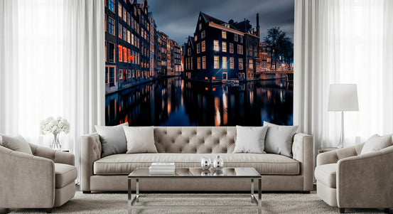 Living room with Nightfall Canals Wall Mural and glowing canal houses, GD8071