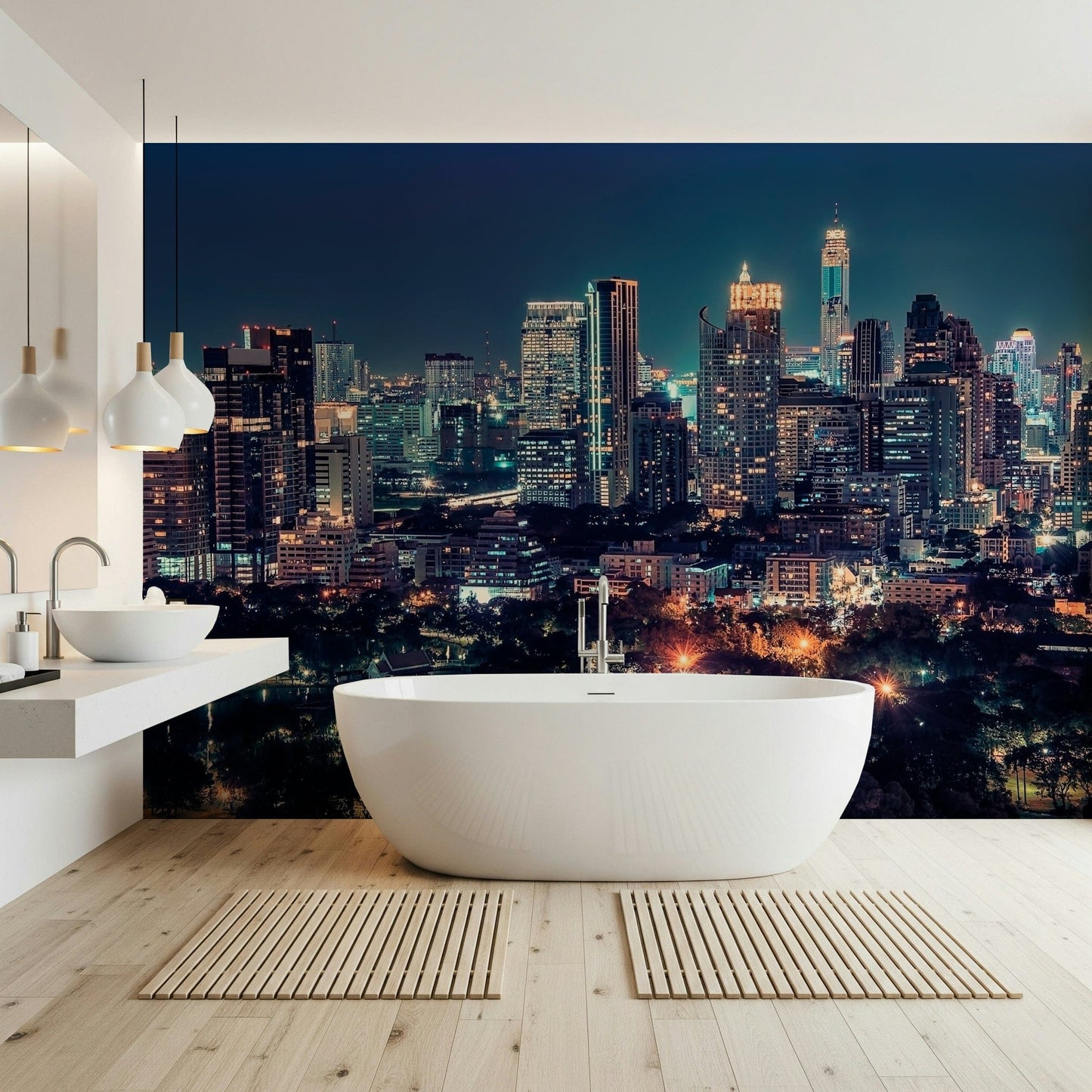 Nightfall Metropolis wallpaper with dark blue and gold tones for bedrooms., GD7618