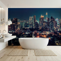 Nightfall Metropolis wallpaper with dark blue and gold tones for bedrooms., GD7618