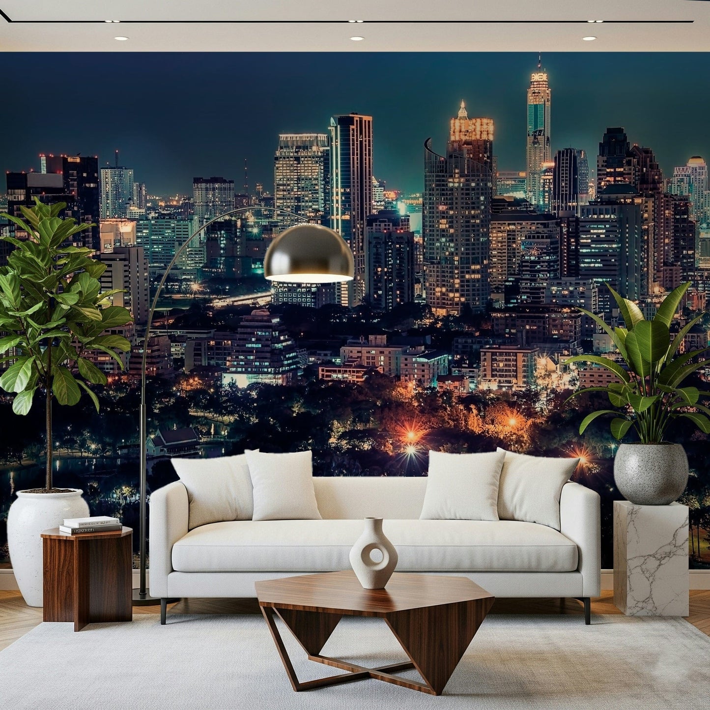 Aerial view of skyscrapers in a Nightfall Metropolis wall mural for offices., GD7618