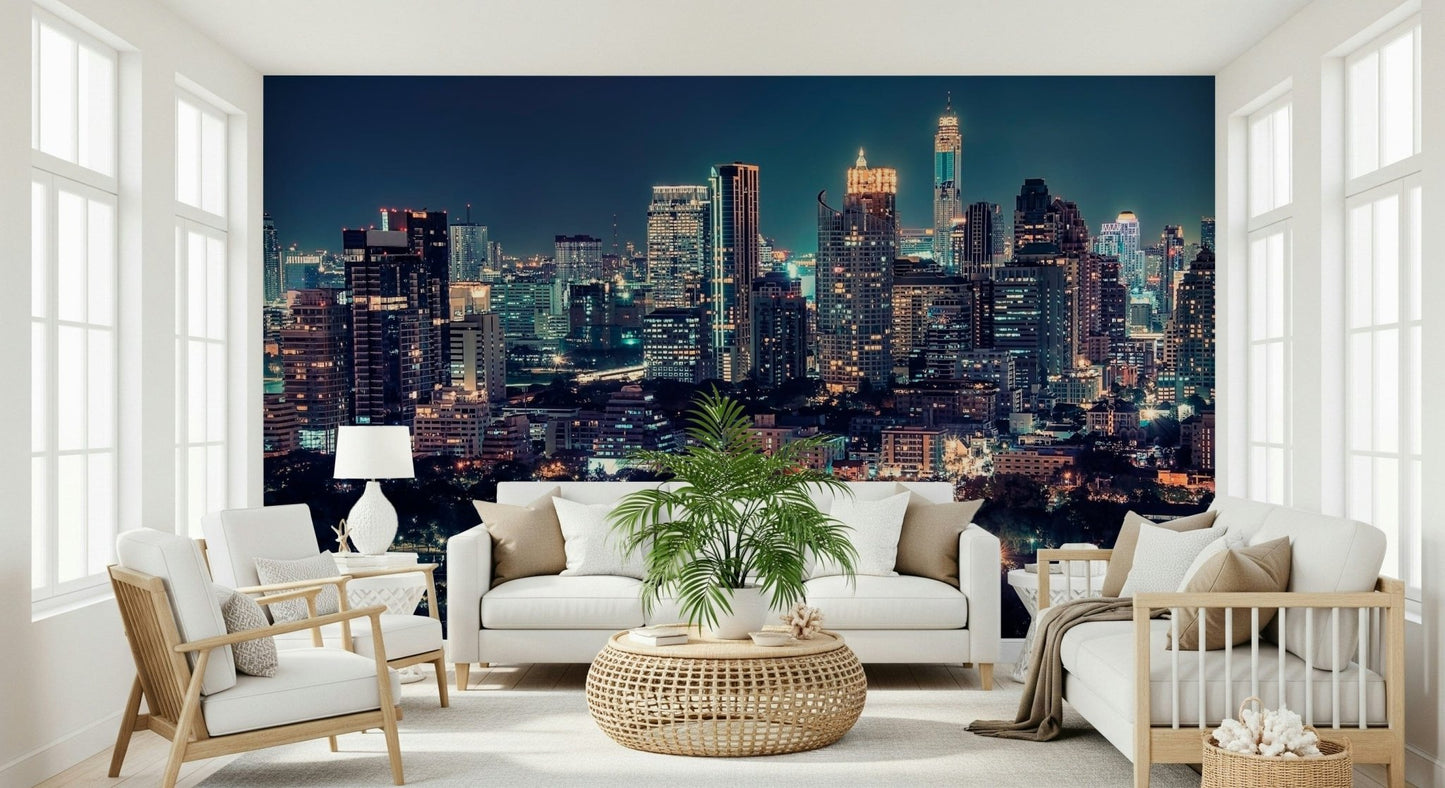 Modern city skyline Nightfall Metropolis wall mural for a feature wall., GD7618