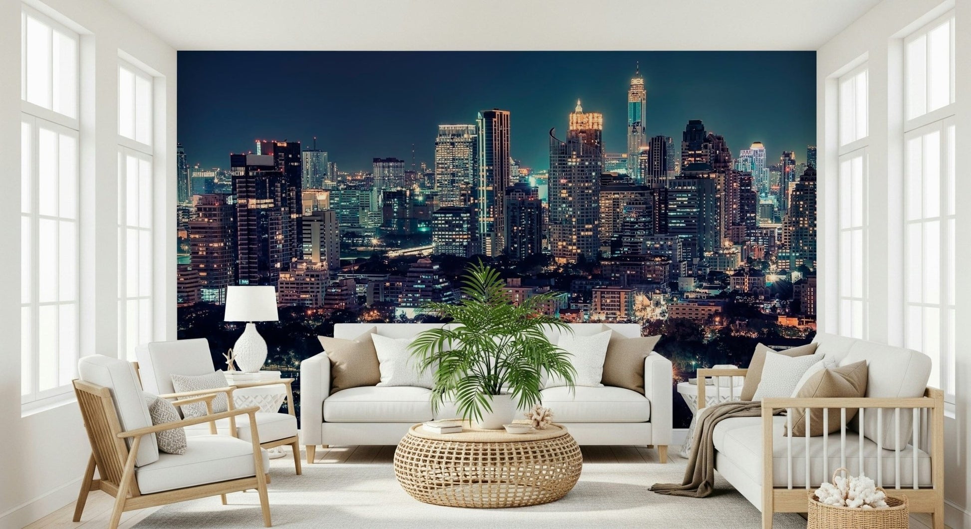 Modern city skyline Nightfall Metropolis wall mural for a feature wall., GD7618