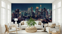 Modern city skyline Nightfall Metropolis wall mural for a feature wall., GD7618