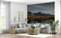Dark blue and charcoal nature scene wallpaper for a sophisticated lounge room.