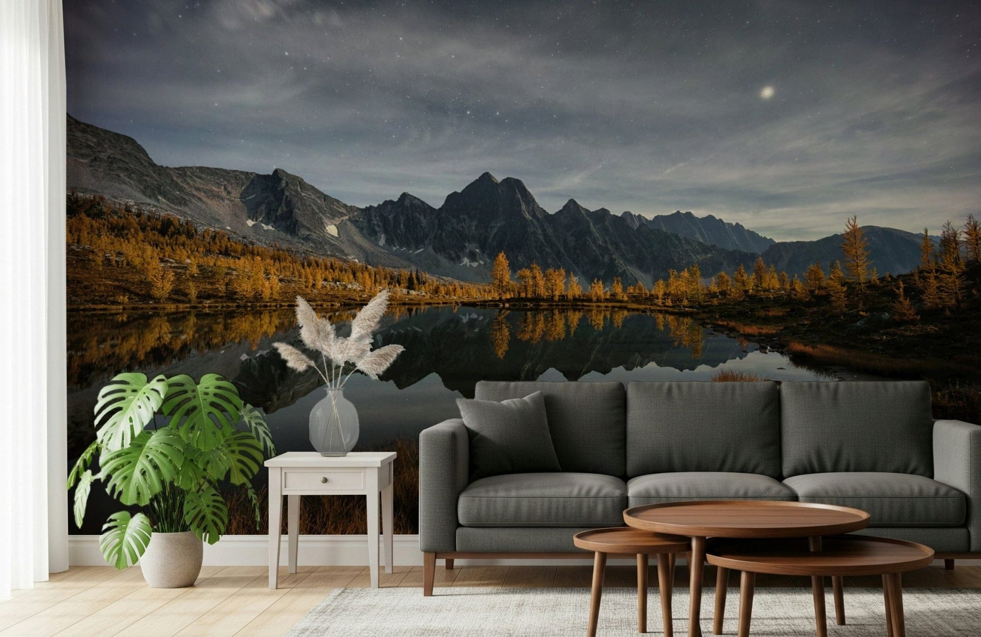 Moonlit water reflection mural for a quiet home office and study area.