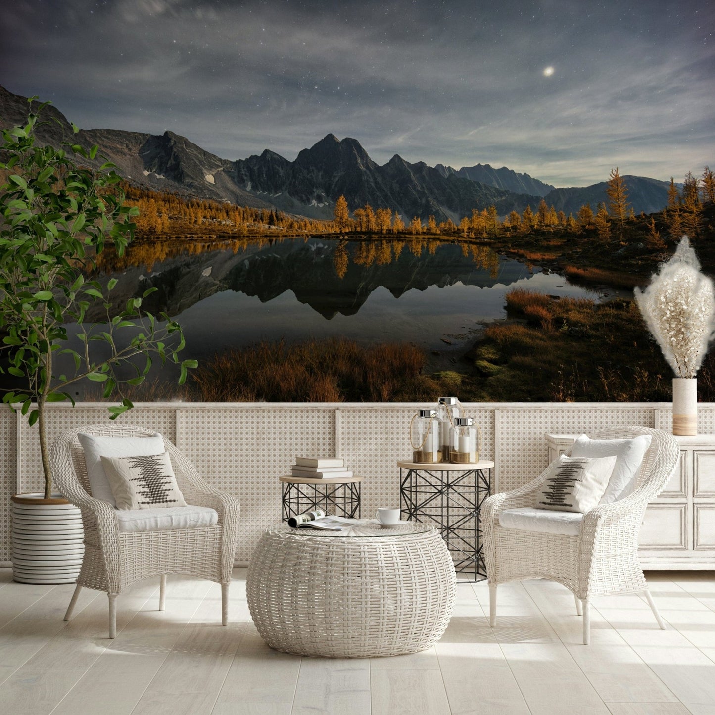 Peaceful night sky and lake view wall decor for a luxury apartment interior.
