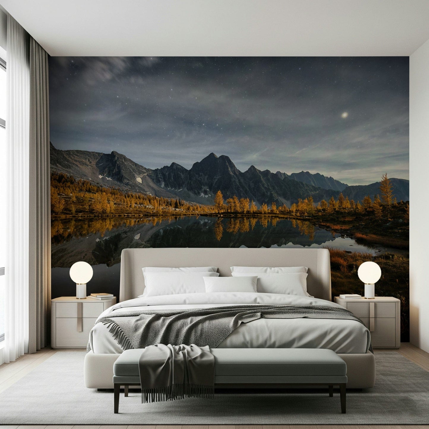 Nightfall's Calm Reflection Wall Mural in a modern bedroom with dark wooden furniture.