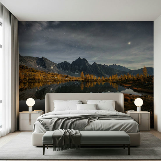 Nightfall's Calm Reflection Wall Mural in a modern bedroom with dark wooden furniture., GD7069