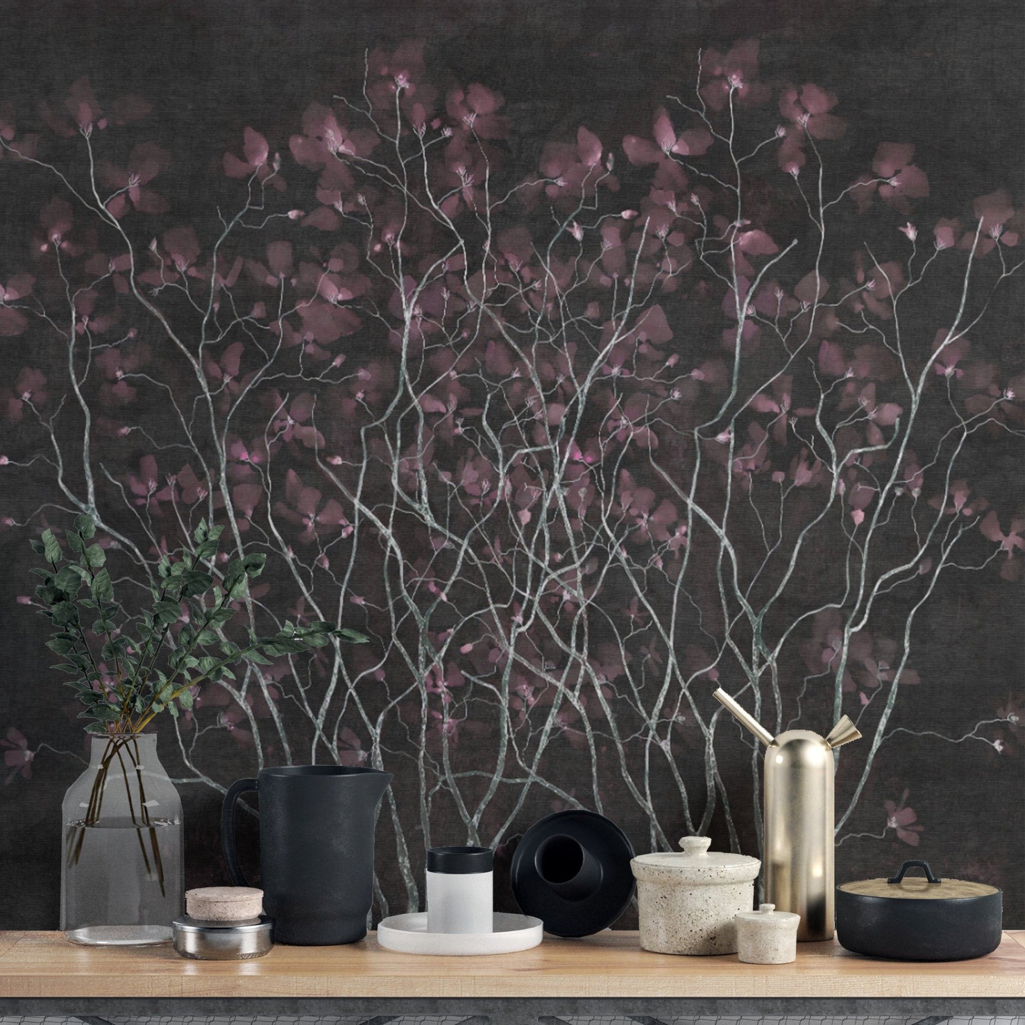 Nightshade floral illusion mural with a moody botanical theme. B793