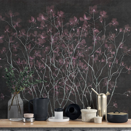 Nightshade floral illusion mural with a moody botanical theme. B793