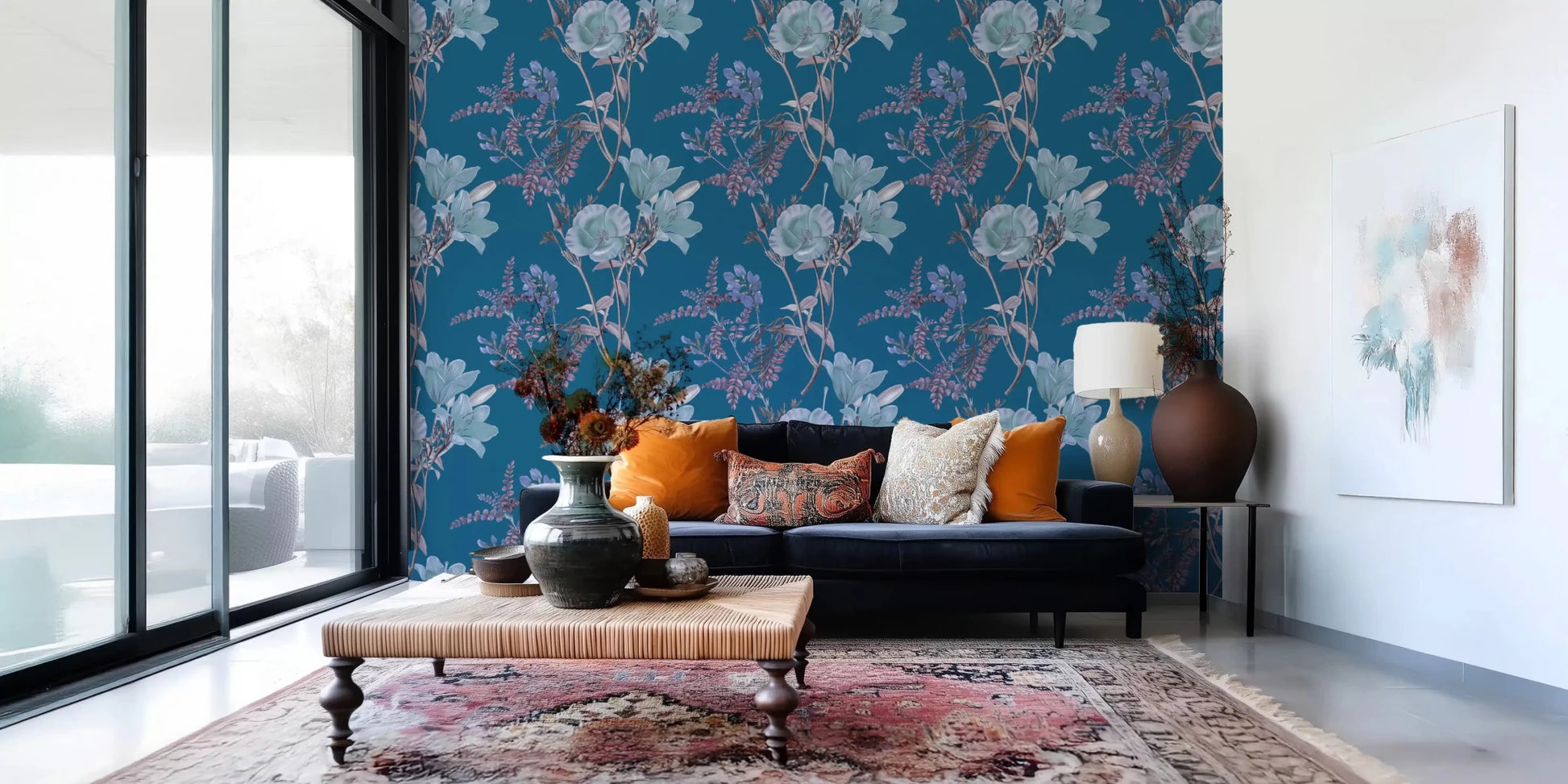 Soft botanical sketch in Elegance Wallpaper on rich blue ground