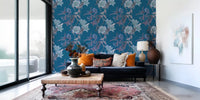 Soft botanical sketch in Elegance Wallpaper on rich blue ground