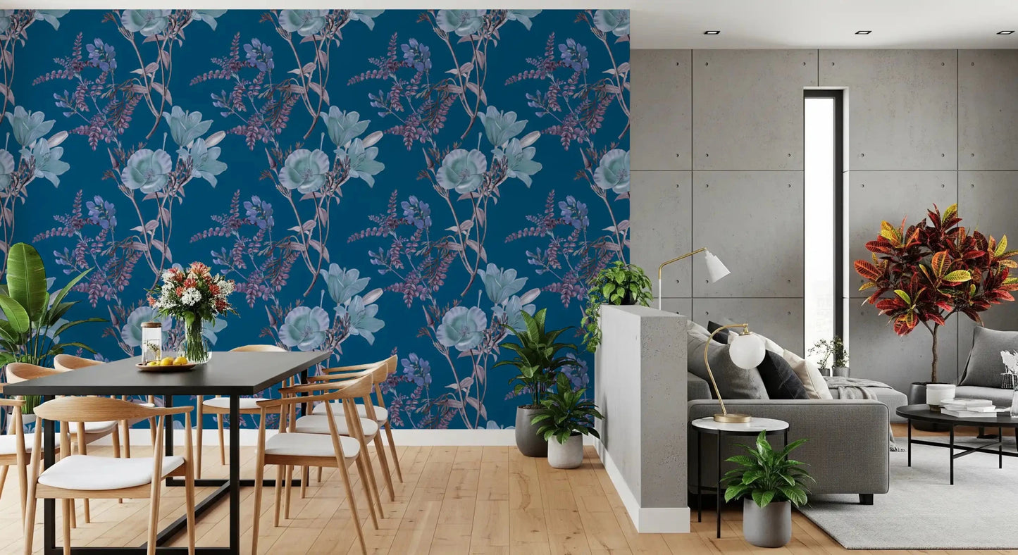 Deep blue wall with Botanical Elegance Wallpaper and leaf detail