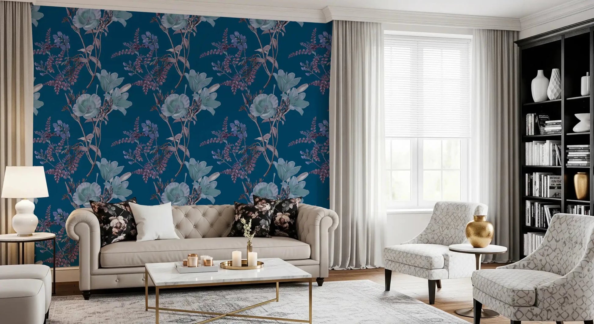 Living room with Nighttime Botanical Elegance Wallpaper in blue