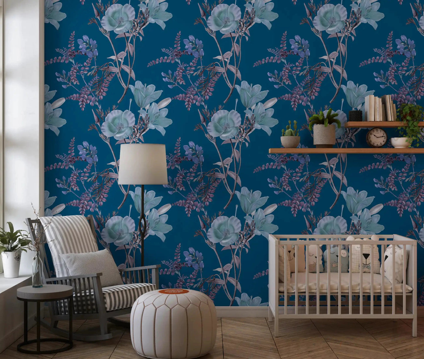 Detailed blue floral finish with Nighttime Botanical Wallpaper