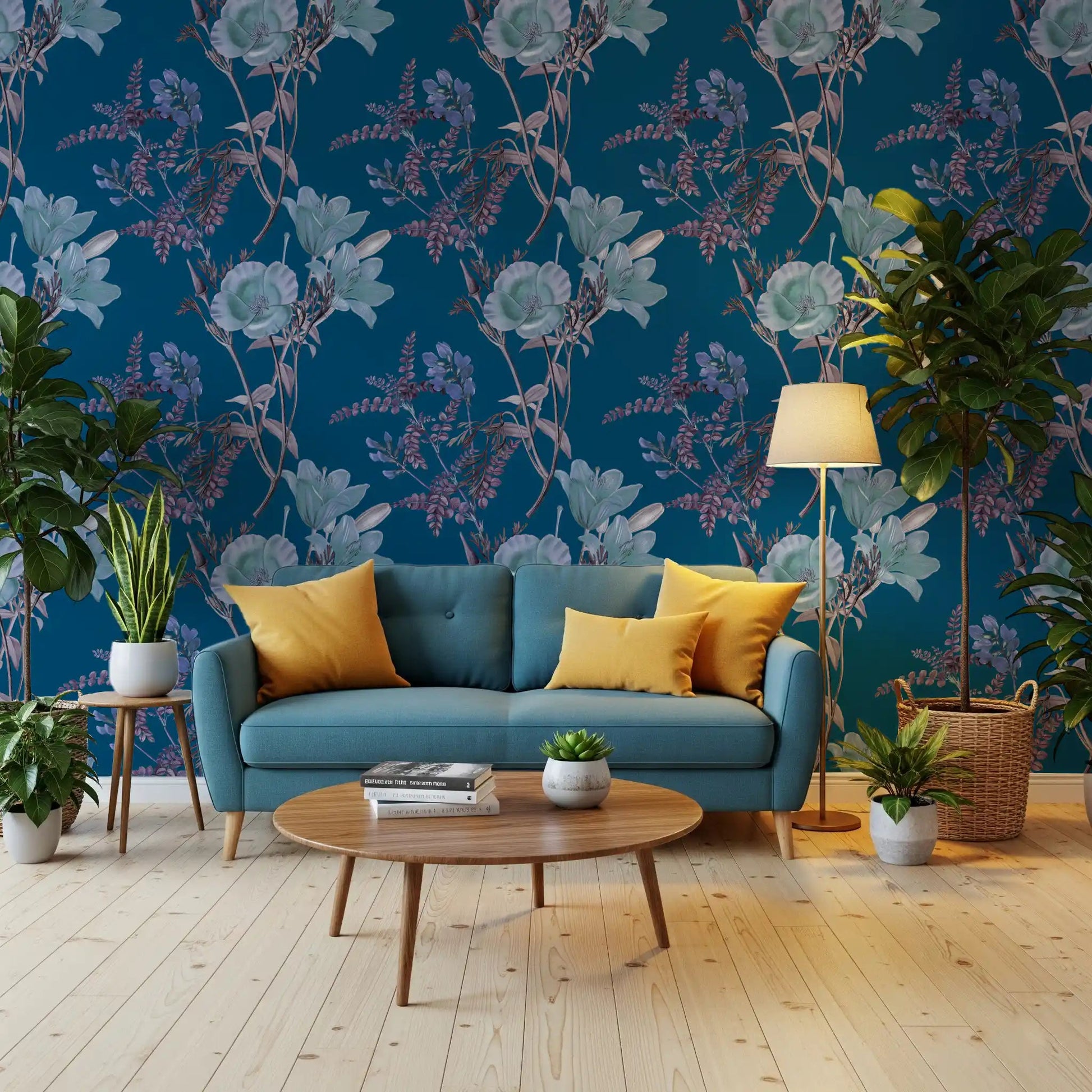 Cool-toned blossoms across Botanical Elegance dark Wallpaper