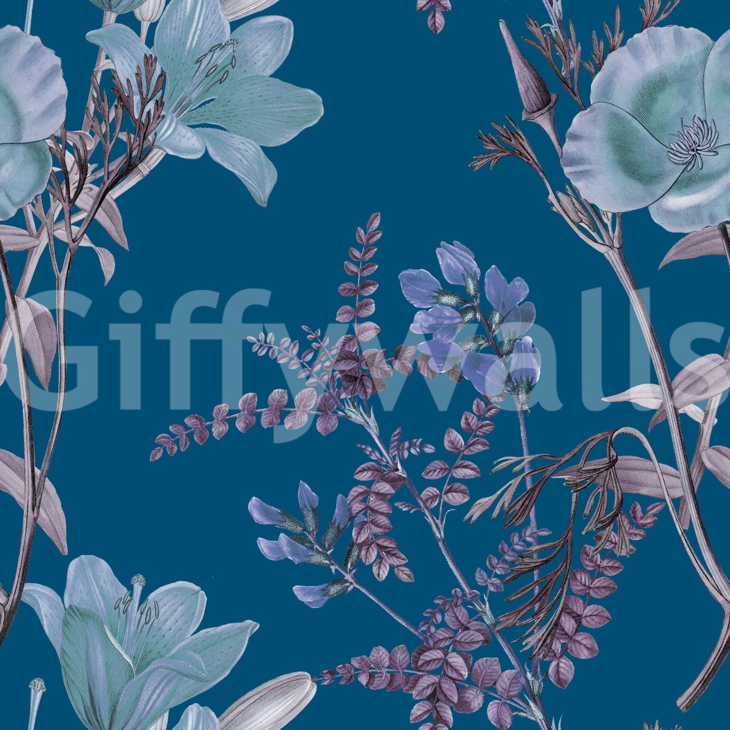Classic blue surface with Botanical Elegance Wallpaper detail