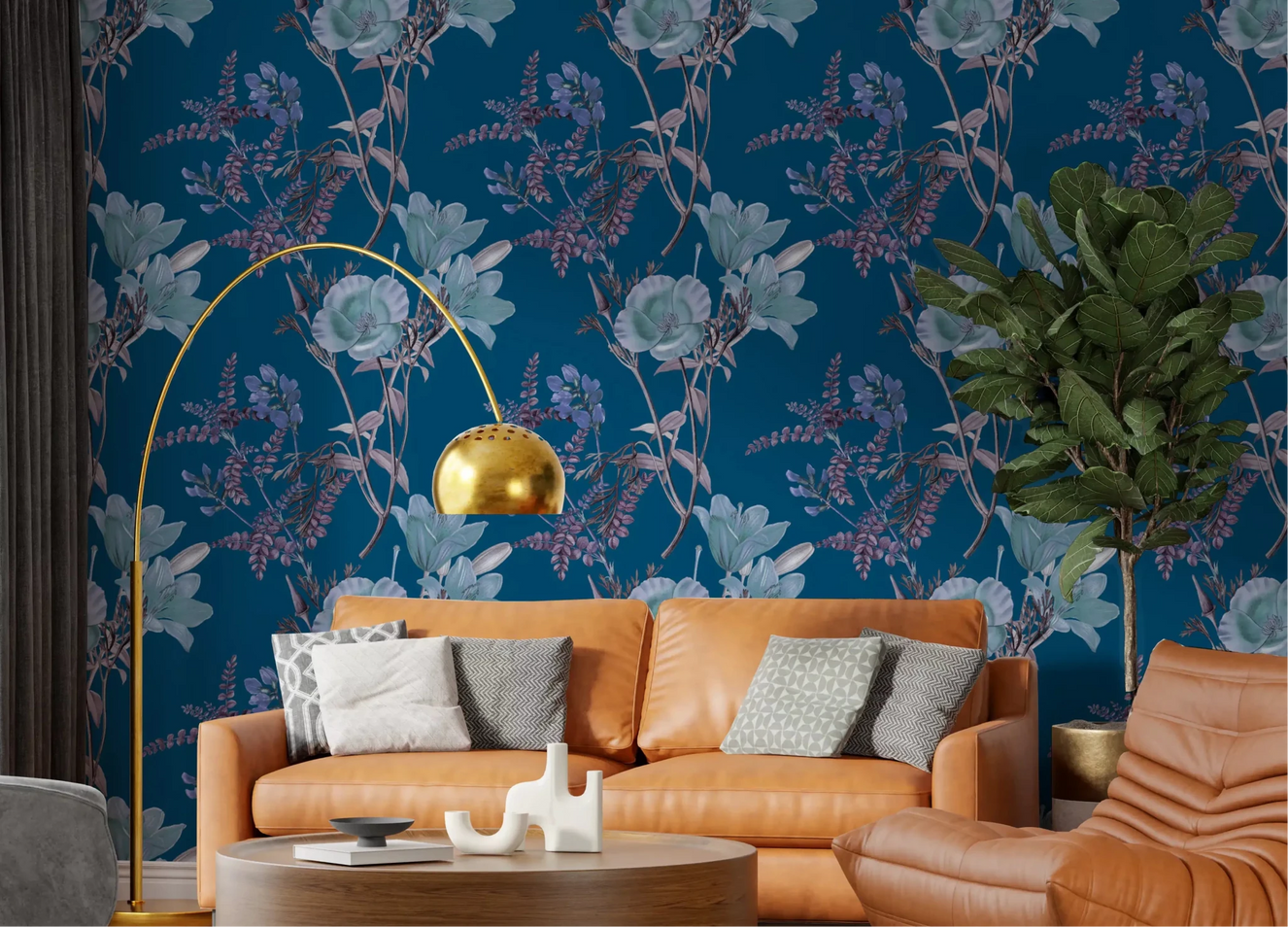 Office space using Nighttime Botanical blue floral Wallpaper